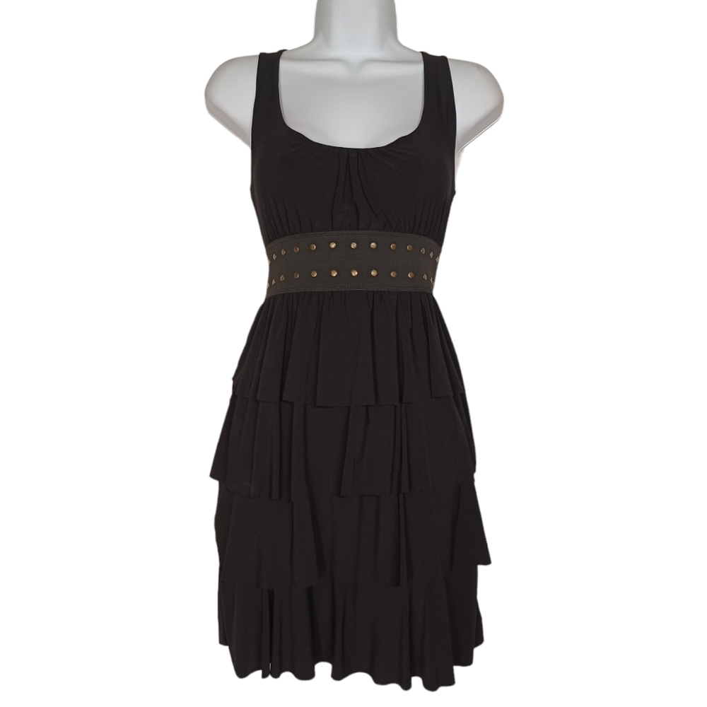 CANDY RAIN Studded Elastic Waist Ruffle Sleeveless Stretchy Black Dress Medium